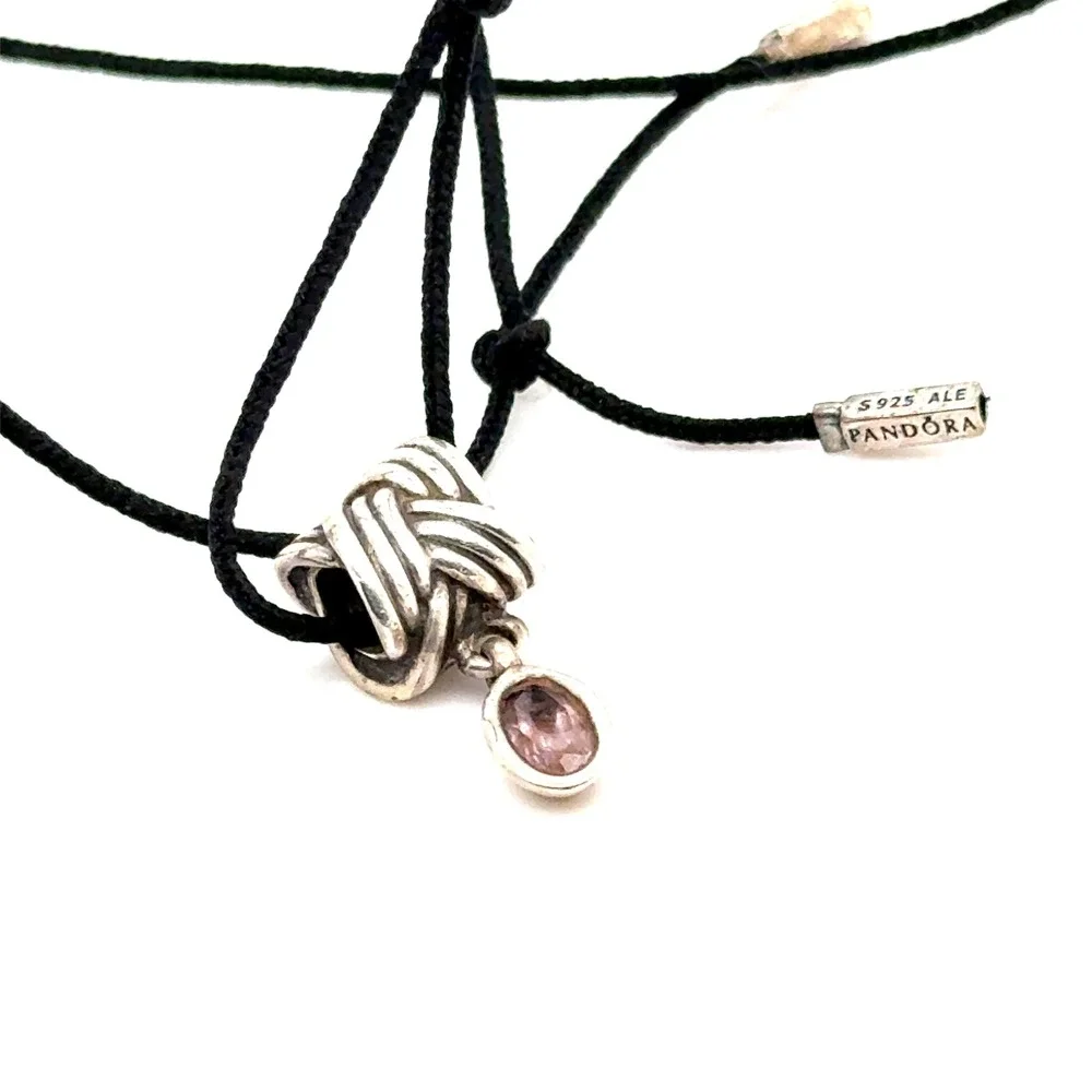 Pandora Sterling Silver Love Knot Pink Stone Charm Black Cord Necklace Bracelet
